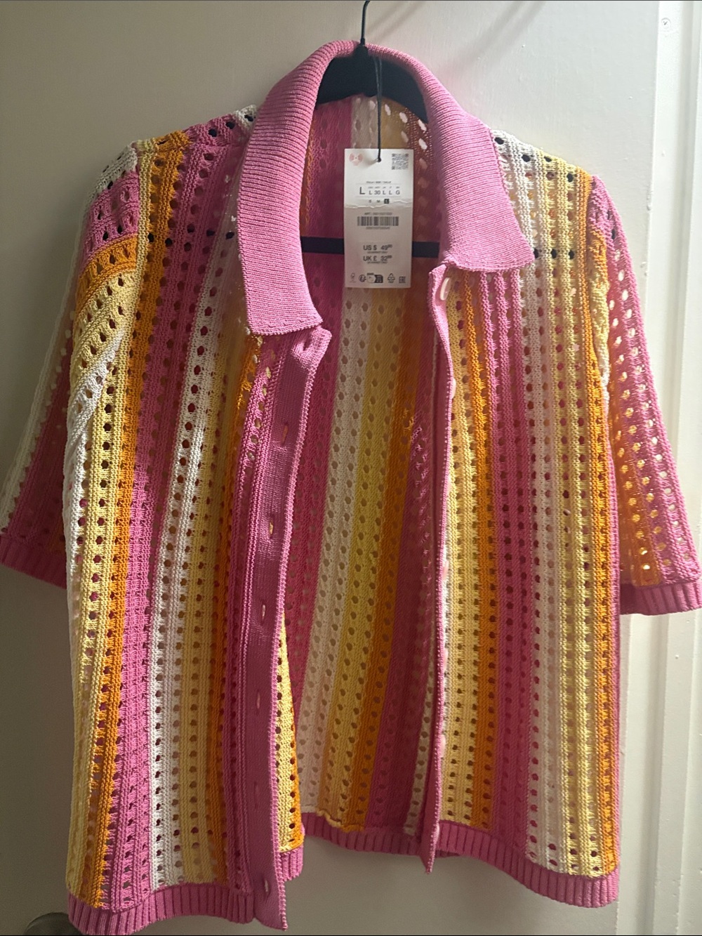 Zara Pink Yellow Cream Crochet Knit Polo Cardigan